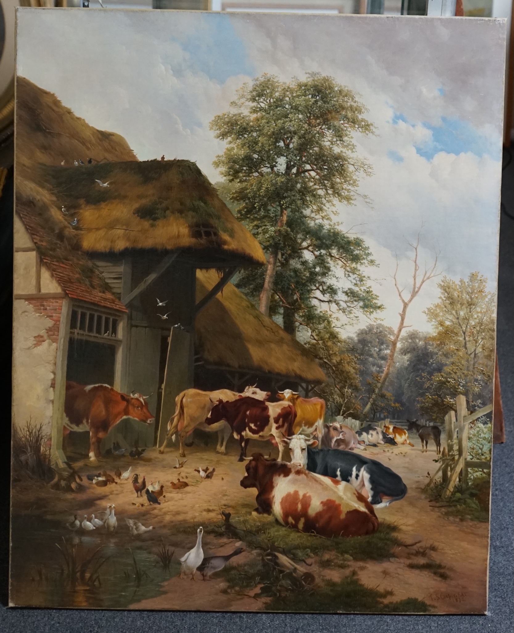 Thomas Sidney Cooper (British, 1803-1902) and Studio, Farmyard scene with cattle and poultry, oil on canvas, 92 x 74cm